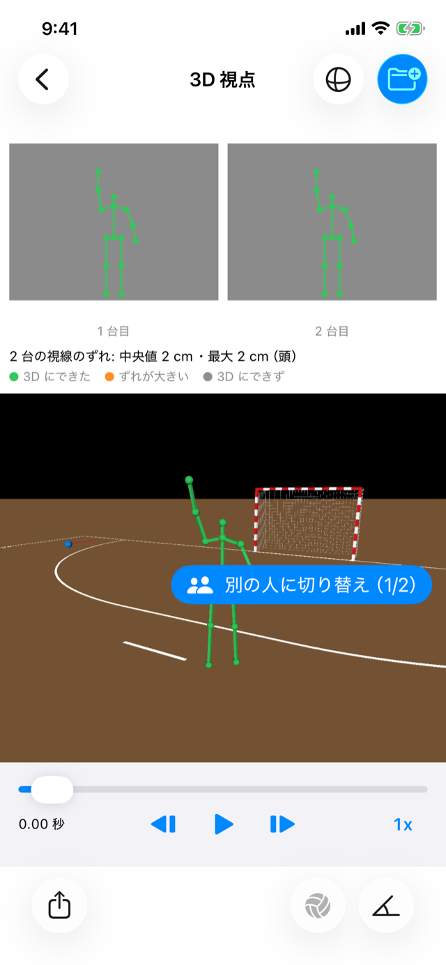 3D の画面。上に 2 台のフレーム、下に骨格とゴール